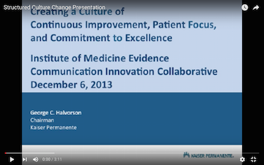 Presentation Made to the Institute of Medicine About Structured Culture Change in Large Health Care Organizations Image for Presentation Made to the Institute of Medicine About Structured Culture Change in Large Health Care Organizations